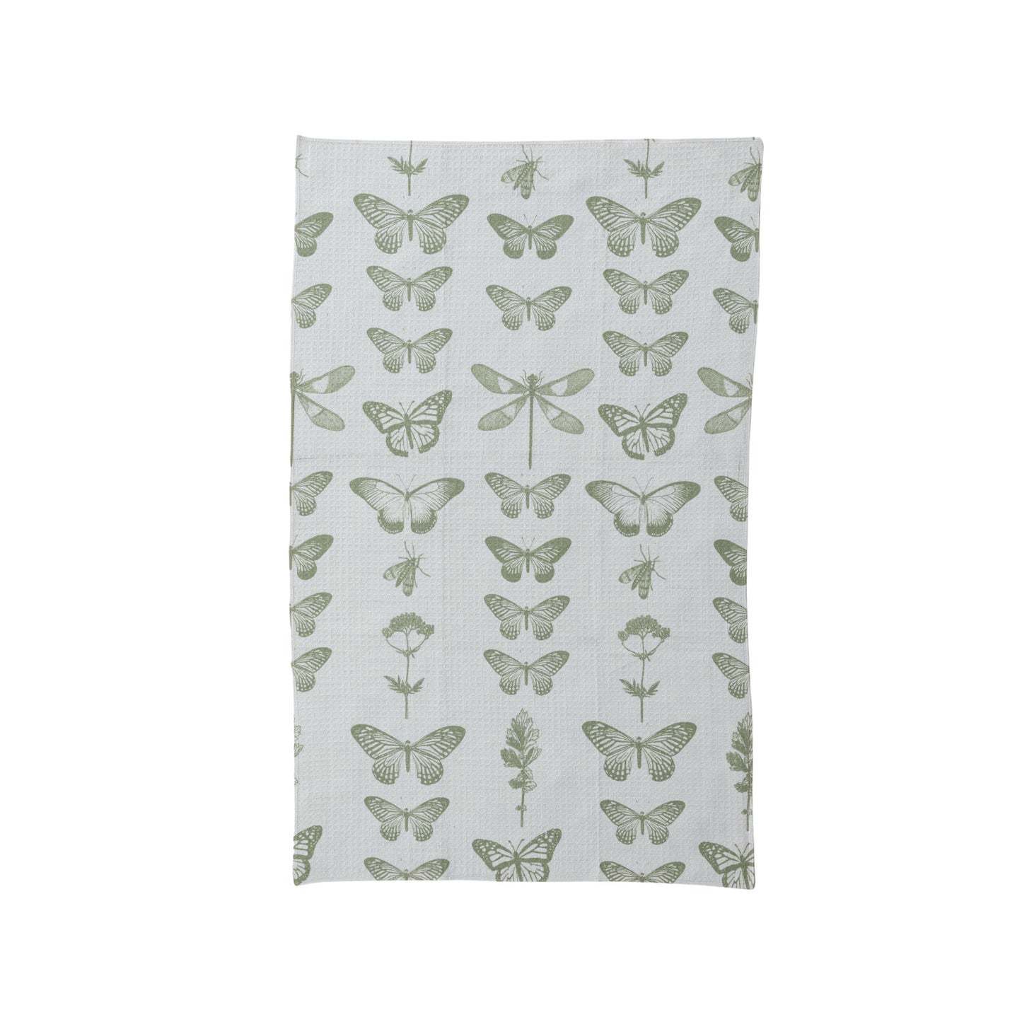 Green Butterfly Print on white background with various butterfliess, insects and garden herbs in  rows in a linear vertical arrangement. Recycled Microfiber Waffle Weave Tea Towel, 30in.ical 