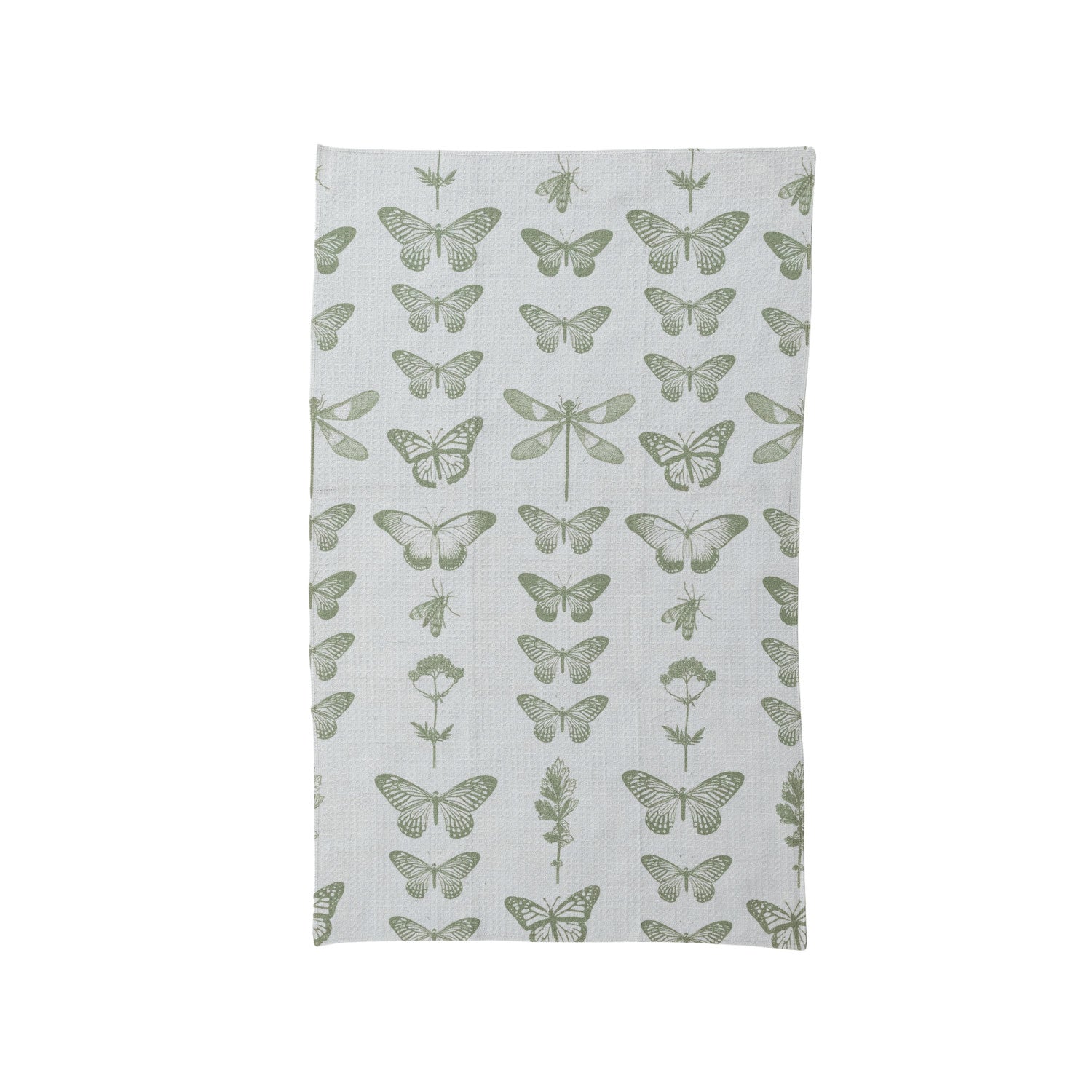 Green Butterfly Print on white background with various butterfliess, insects and garden herbs in  rows in a linear vertical arrangement. Recycled Microfiber Waffle Weave Tea Towel, 30in.ical 
