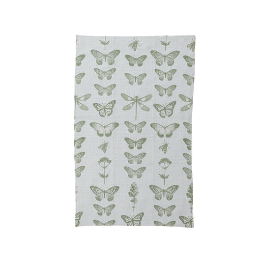 Green Butterfly Print on white background with various butterfliess, insects and garden herbs in  rows in a linear vertical arrangement. Recycled Microfiber Waffle Weave Tea Towel, 30in.ical 