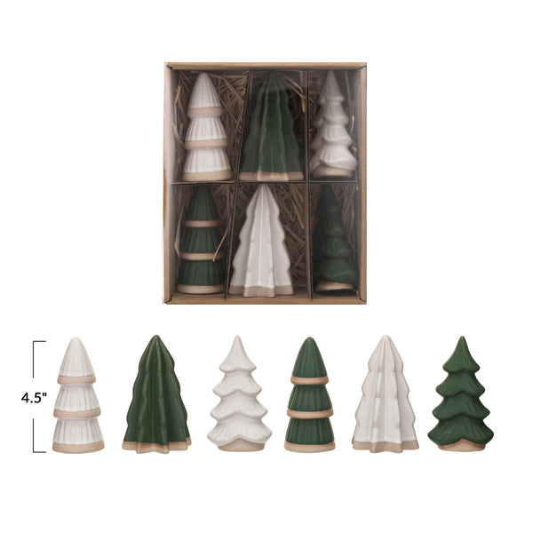 Green and White Mini Stoneware Christmas Trees, Set of 6