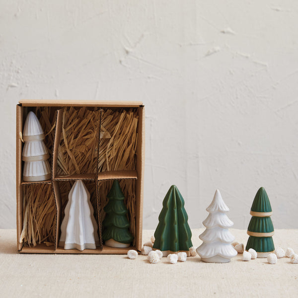 Green and White Mini Stoneware Christmas Trees, Set of 6