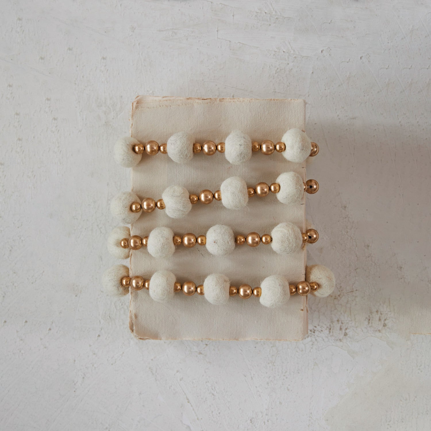 Handmade Cream Color Wool Felt Ball and Gold Plastic Bead Garland,  72"L