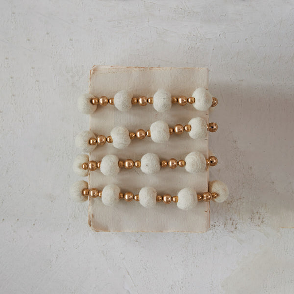 Handmade Cream Color Wool Felt Ball and Gold Plastic Bead Garland,  72"L