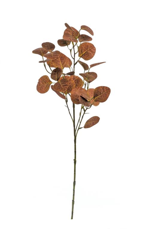Beautiful Autumn leaf spray of round leaves are dappled in deep rusty Fall hues with contrasting honey yellow and green veining on long mossy green and brown stems. 25.5in.H
