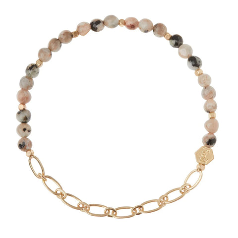 Mini Stone w/Chain Stacking Bracelet - Rhodonite/Gold