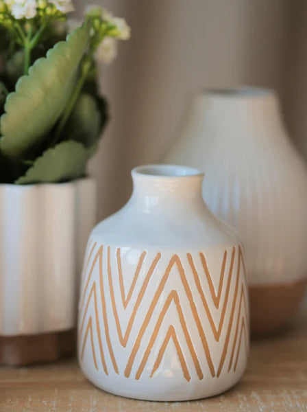 White Vase with Geometric Pattern,  6.5"