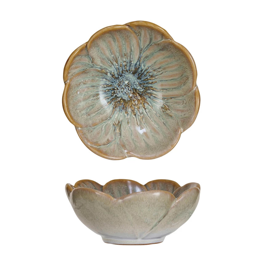 Flower Shaped Tan Stoneware Bowl, with a Reactive Glaze in shades of blue, green and white. Each bowl is unique in coloration. 