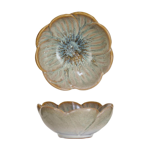 Flower Shaped Tan Stoneware Bowl, with a Reactive Glaze in shades of blue, green and white. Each bowl is unique in coloration. 