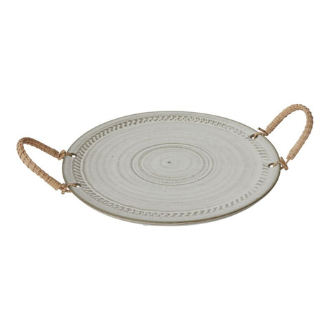 Round Ceramic Tray with Rattan Handles, 12.25in.