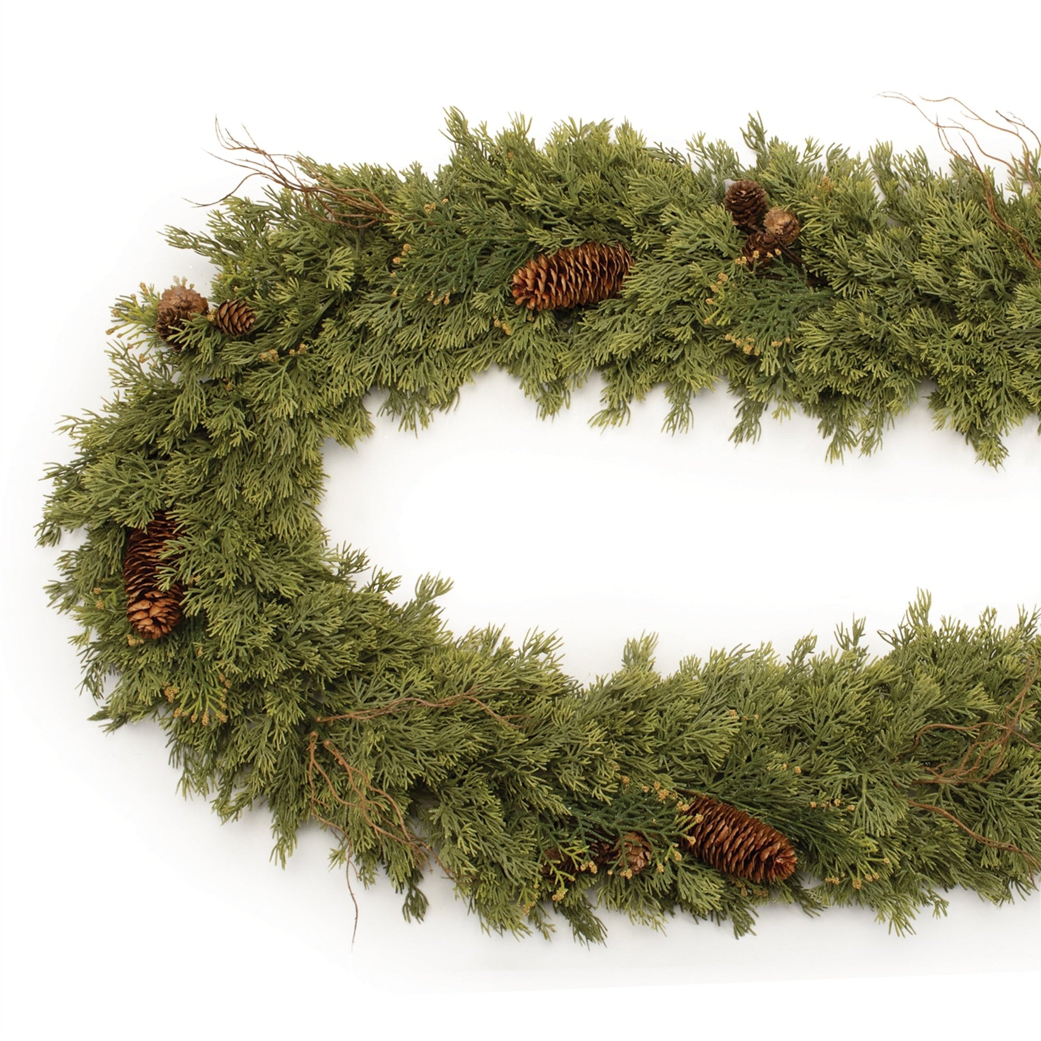 A textural mix of juniper and cedar foliage gives this 72 inch garland a unique look.&nbsp;
The beautiful evergreen foliage is accented by&nbsp;&nbsp;long smooth natural pinecones and small twigs for added color textural interest.