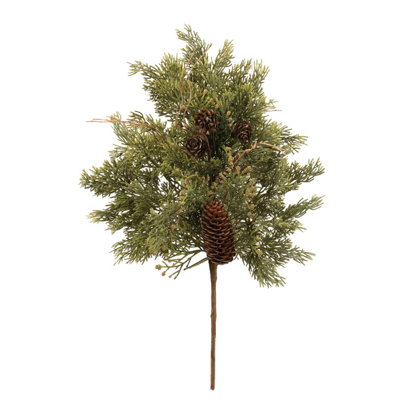  Lovely faux evergreen stems in&nbsp; a mix of juniper and cedar foliage.

Each 18 inch stem is accented with long natural pinecones and small twigs for added color and textural interest.&nbsp; 