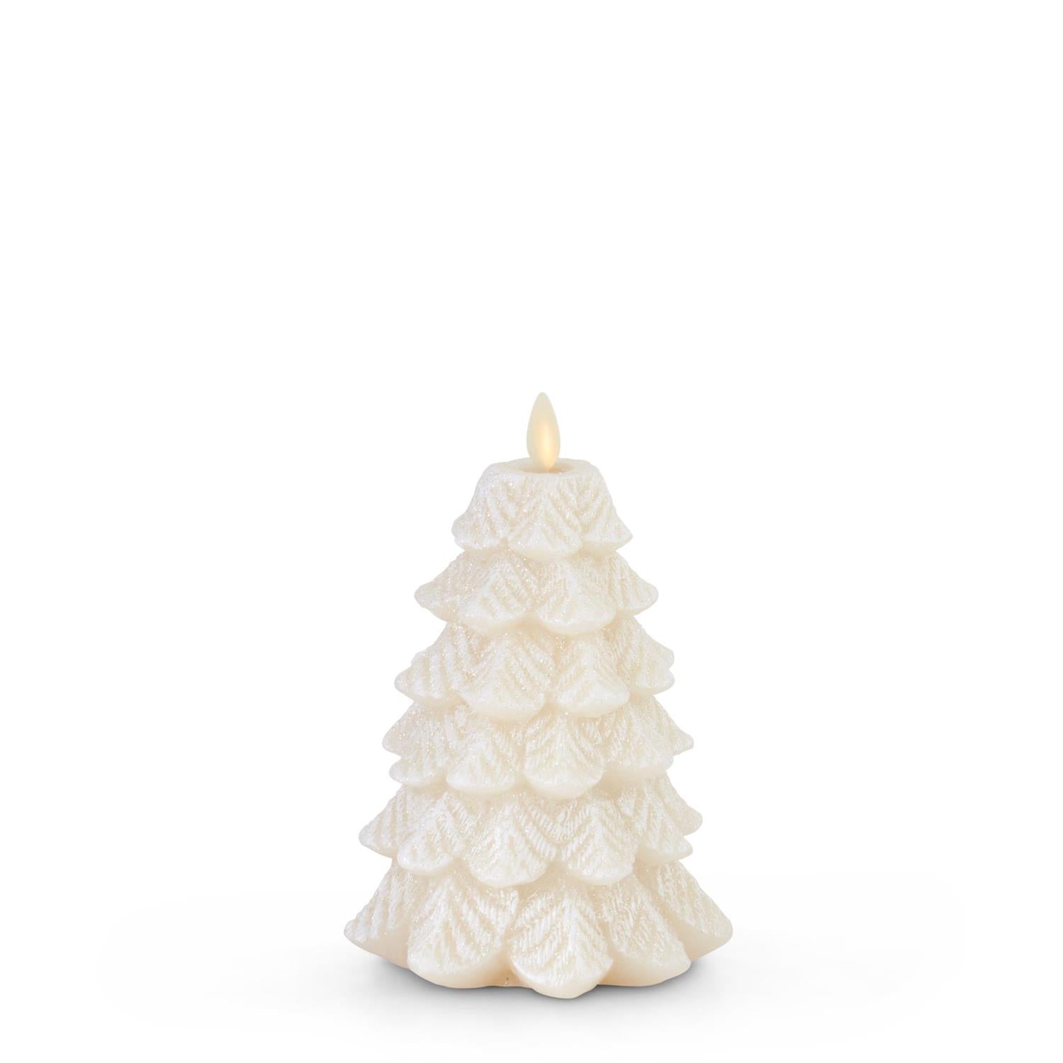 Luminara White Snowy Tree Electronic Flickering Flame Wax Candle, 6.5in.H