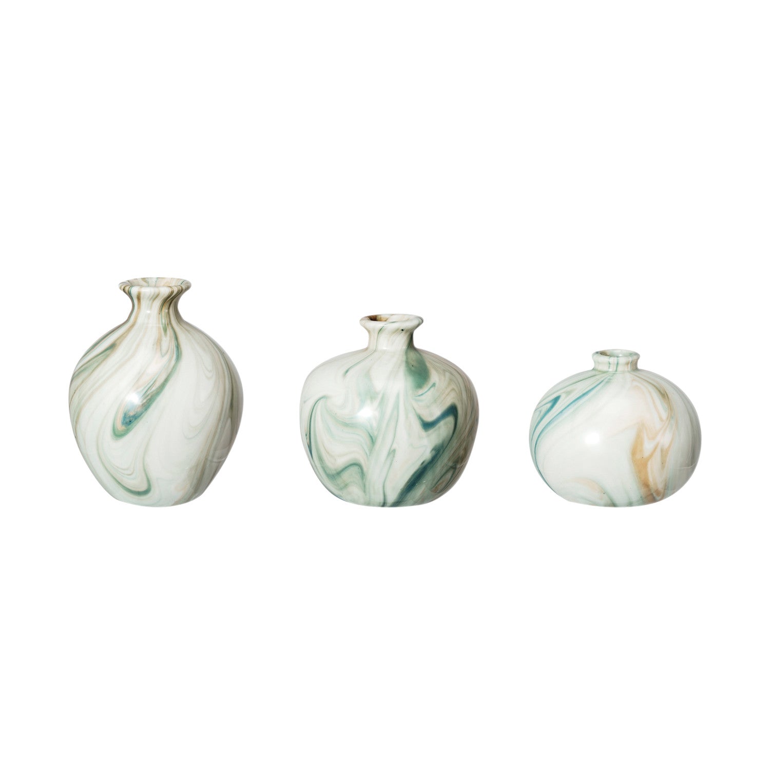Colorful swirls of green and caramel on white enhance the lovely design of these curvy little stoneware vases.