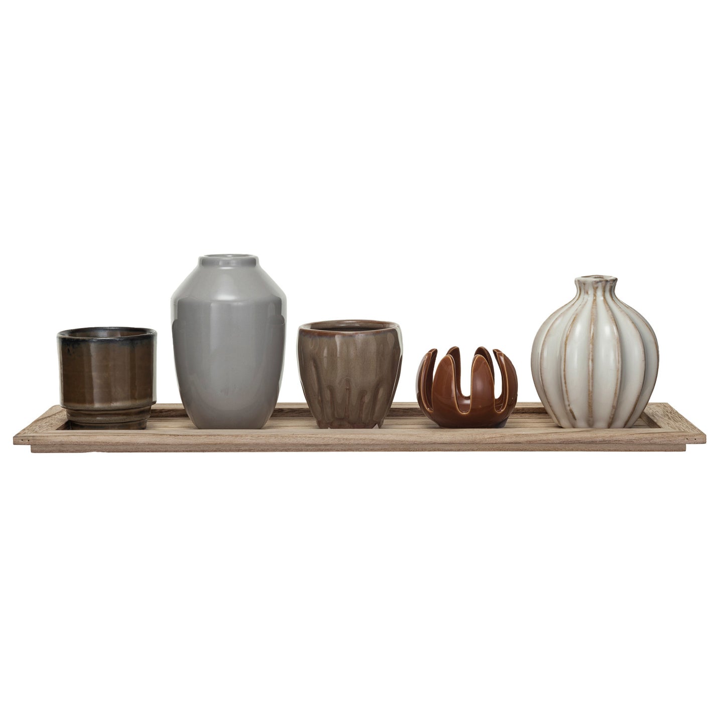 Neutral Stoneware Vase and Votive Collection on Wood Tray