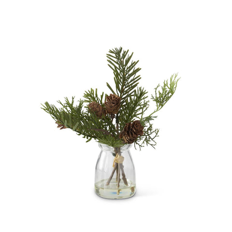 Pine Sprig with Pinecones in Glass Vase, 8in.H