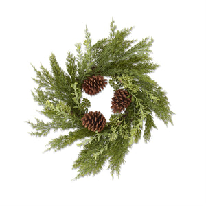 Pine and Myrtle Wreath or Lg Candle Ring with Green Berries and Pinecones, 20in.L