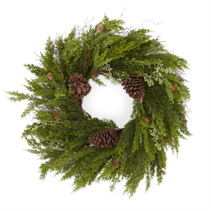 Pine and Myrtle Lg.Wreath with Green Berries and Pinecones, 28in.L