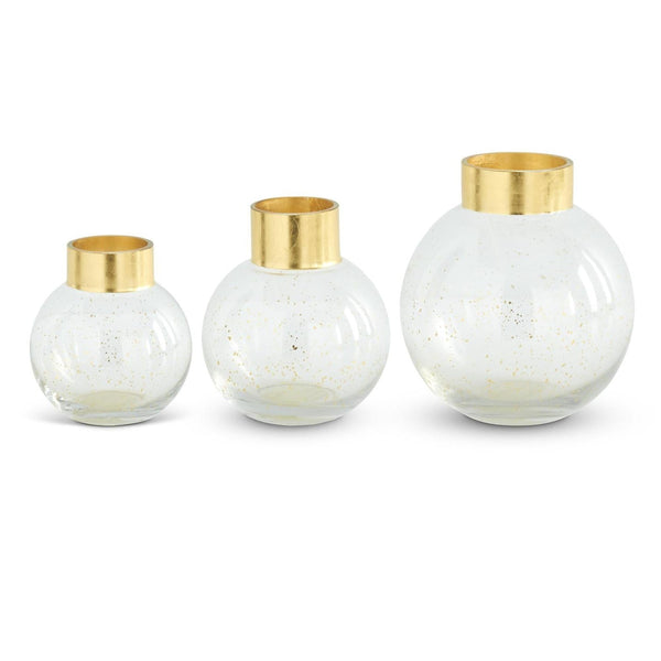 Round Clear Glass Vase with Gold Rim and Splatter, Choice of 3 Sizes