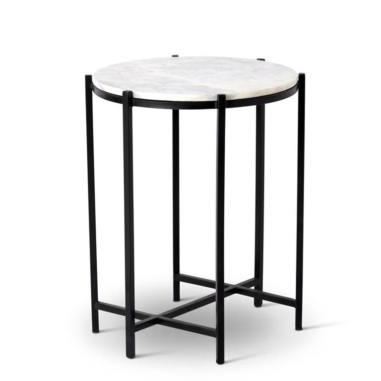 Round White Marble Top Side Table with Black Metal Base, 22in.H