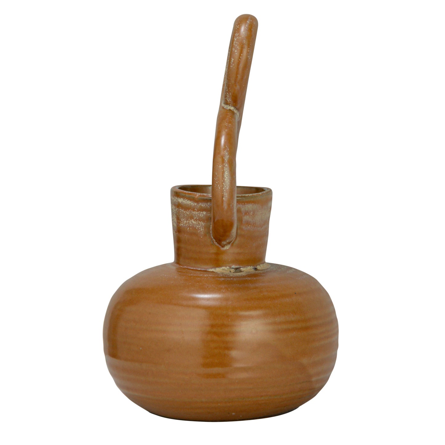 Twisted Handle Tan Stoneware Belly Vase, 8.5in.H