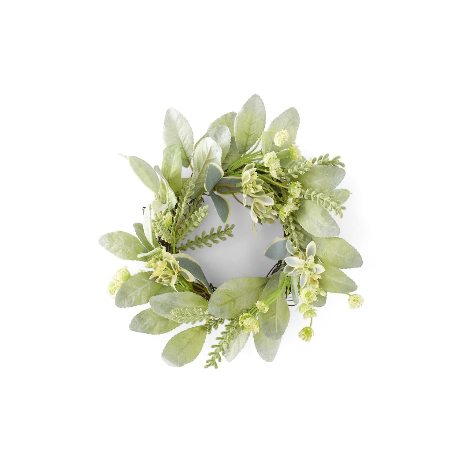 Mixed Foliage with Variegated Milkweed and Cream Flowers  Mini Wreath or Candle Ring, 11 in.