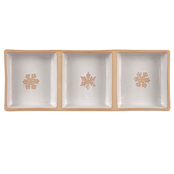 SnowflakeDividedStonewareServingTray.3Sections, White Tray With Debossed Tan Snowflake in each section. 13in.L