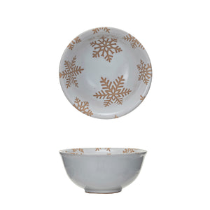 The smooth white reactive glaze bowl is embellished with a natural stoneware wax relief snowflake design making each bowl unique,

Fun addition to your Christmas Cookie or Hot Chocolate Bar all Winter long.