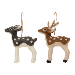 Create a woodland forest inspired holiday tree with these sweet spotted deer ornaments.

Choose from a&nbsp; dark gray doe or a brown antlered buck&nbsp; each with a spotted textured wool coat and a jute hang loop.