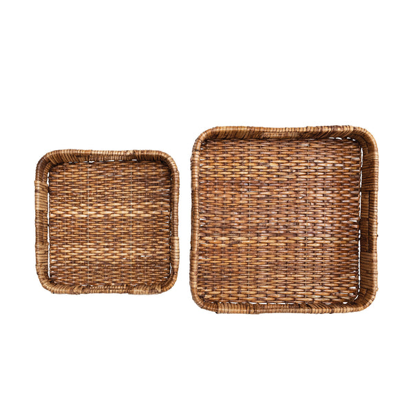 Square Hand-Woven Rattan Tray with Handles
