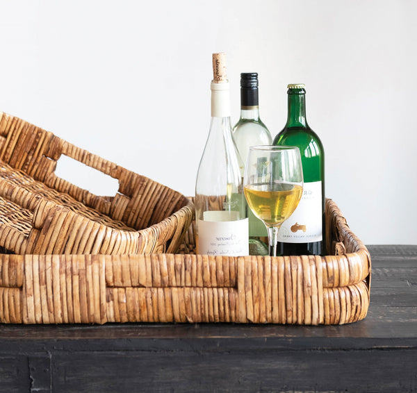 Square Hand-Woven Rattan Tray with Handles
