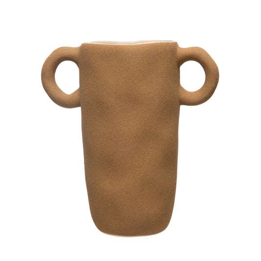 Sand Textured Tan Stoneware Vase w/ Handles, 9in.H