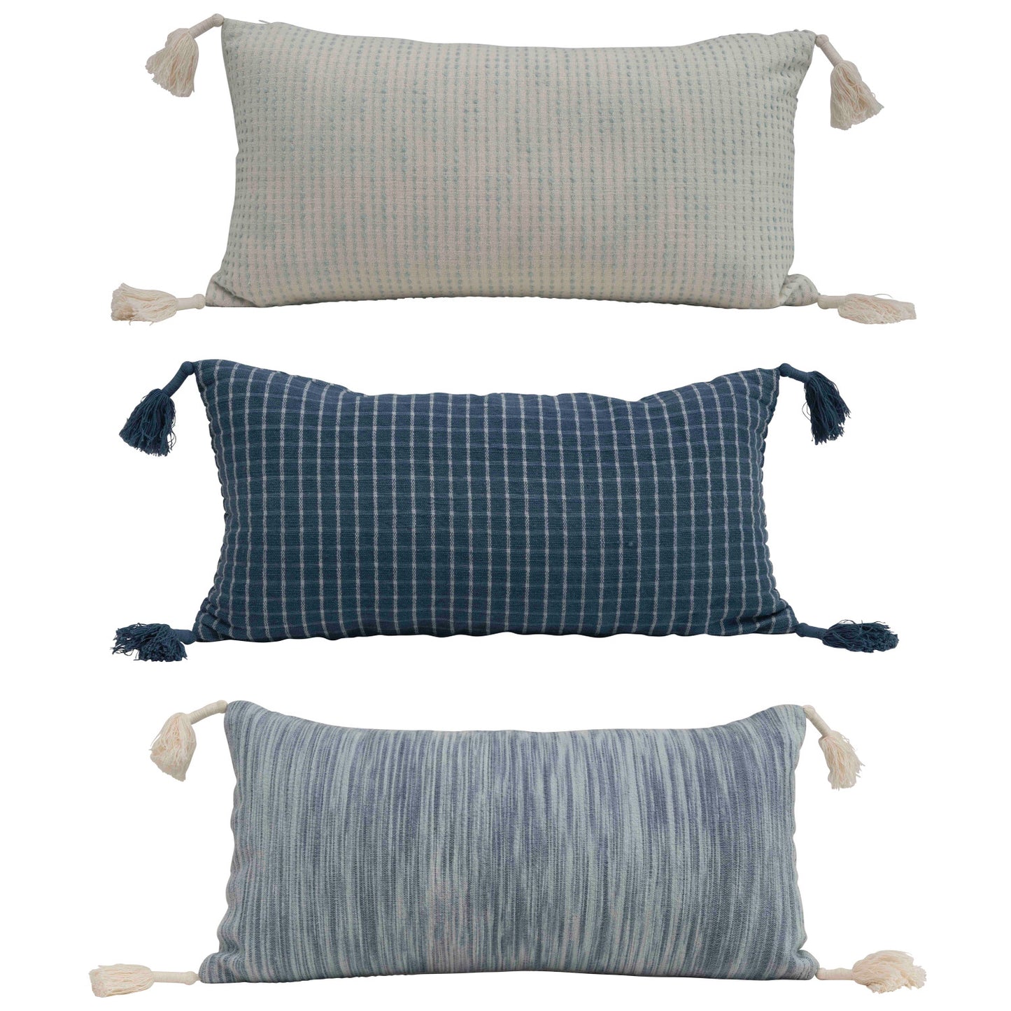 Summer Blues Woven Cotton Lumbar Pillow with Tassels, 24" x 12"   3 Styles