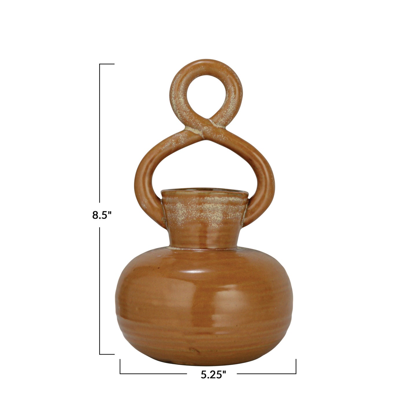 Twisted Handle Tan Stoneware Belly Vase, 8.5in.H