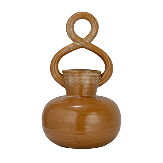 Twisted Handle Tan Stoneware Belly Vase, 8.5in.H