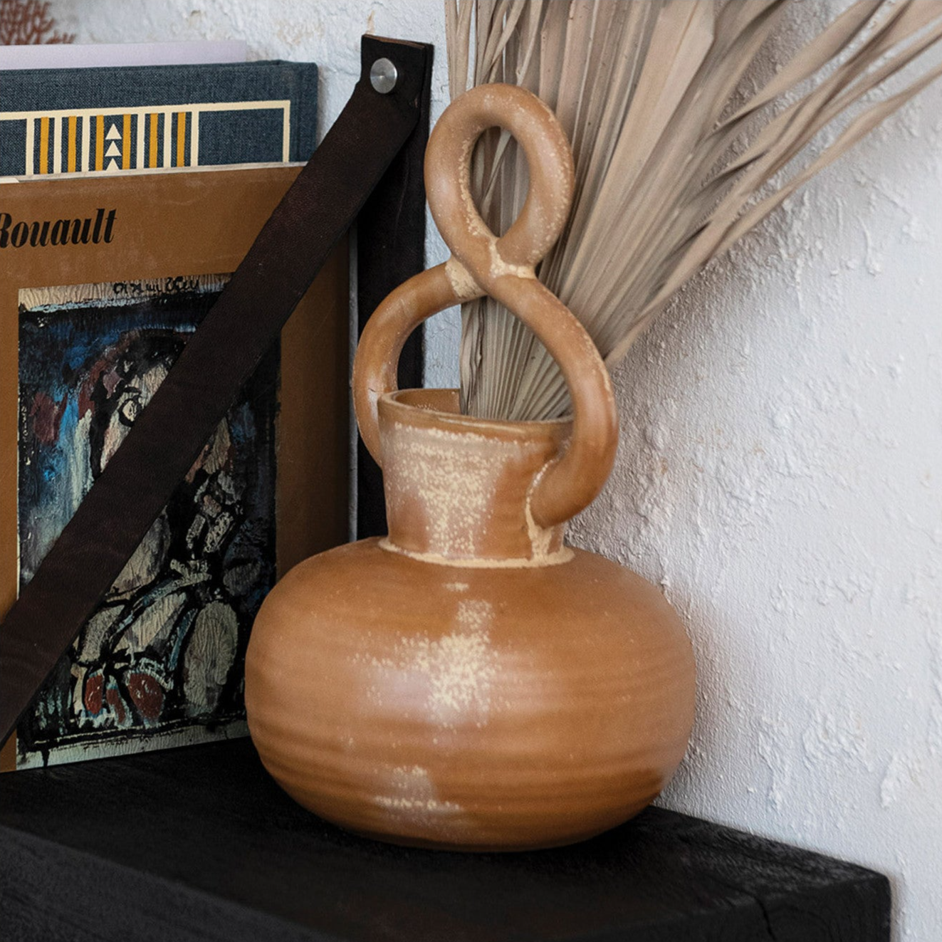 Twisted Handle Tan Stoneware Belly Vase, 8.5in.H