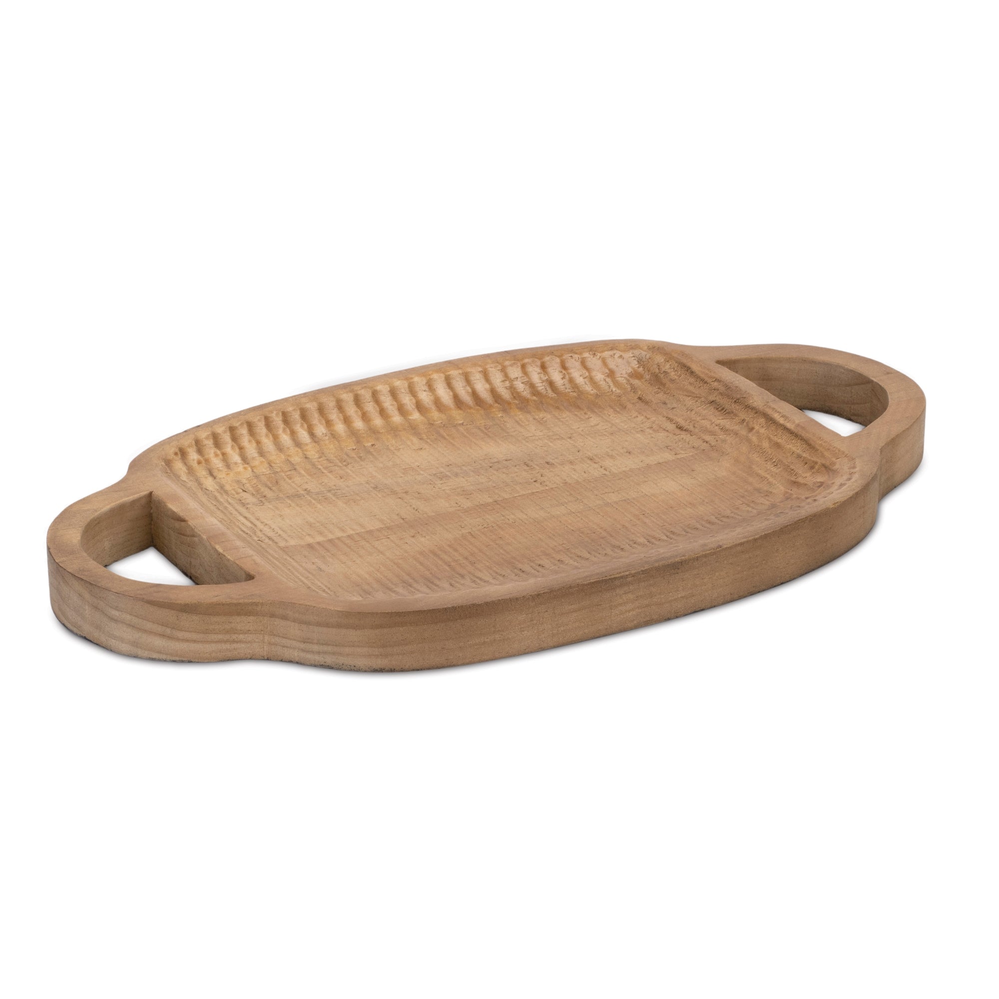 Carved Natural Wood Tray with 2 handles with raw medium brown rustic wood finish. 17 inches long.