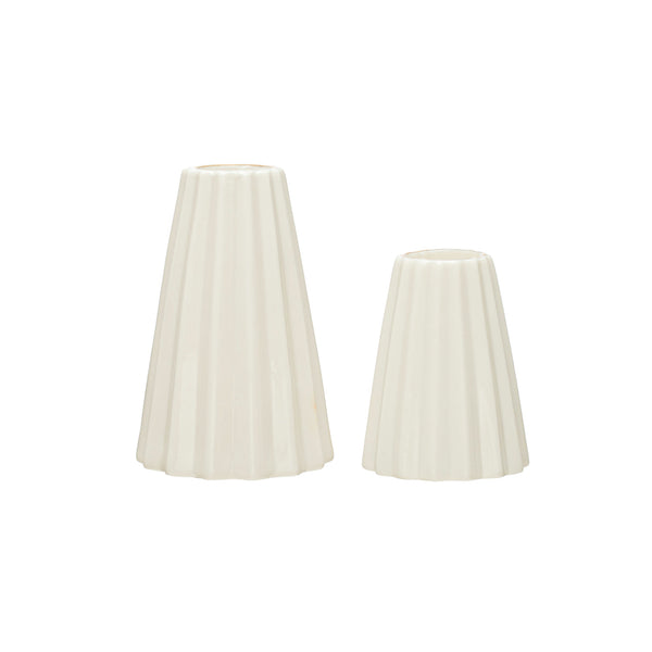 White Fluted Stoneware Taper Holders with Gold Accent, Set of 2