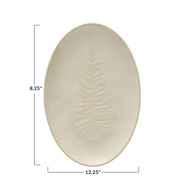 White Oval  Pine Tree Design Stoneware Christmas Platter, 11.25in.L