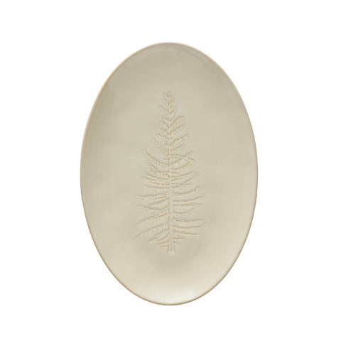 White Oval Stoneware Christmas Tree Design Platter