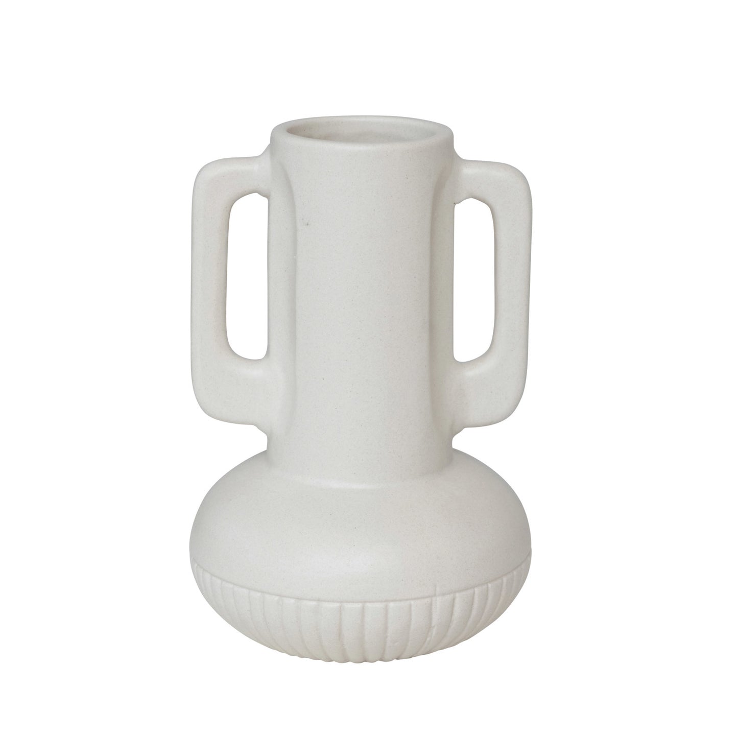 Matte White Two Handled Vase with Carved Design, 9in.H