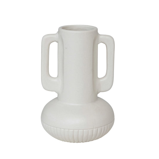 Matte White Two Handled Vase with Carved Design, 9in.H
