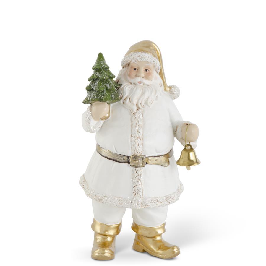 White and Gold Santa with Evergreen Tree and Bell, 7.75in.H