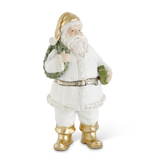 White and Gold Santa with Wreath and Gift, 9.75in.H