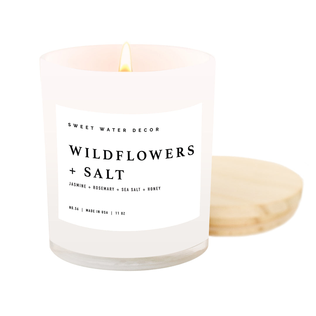 Wildflowers and Salt- White Jar Candle with Wood Lid