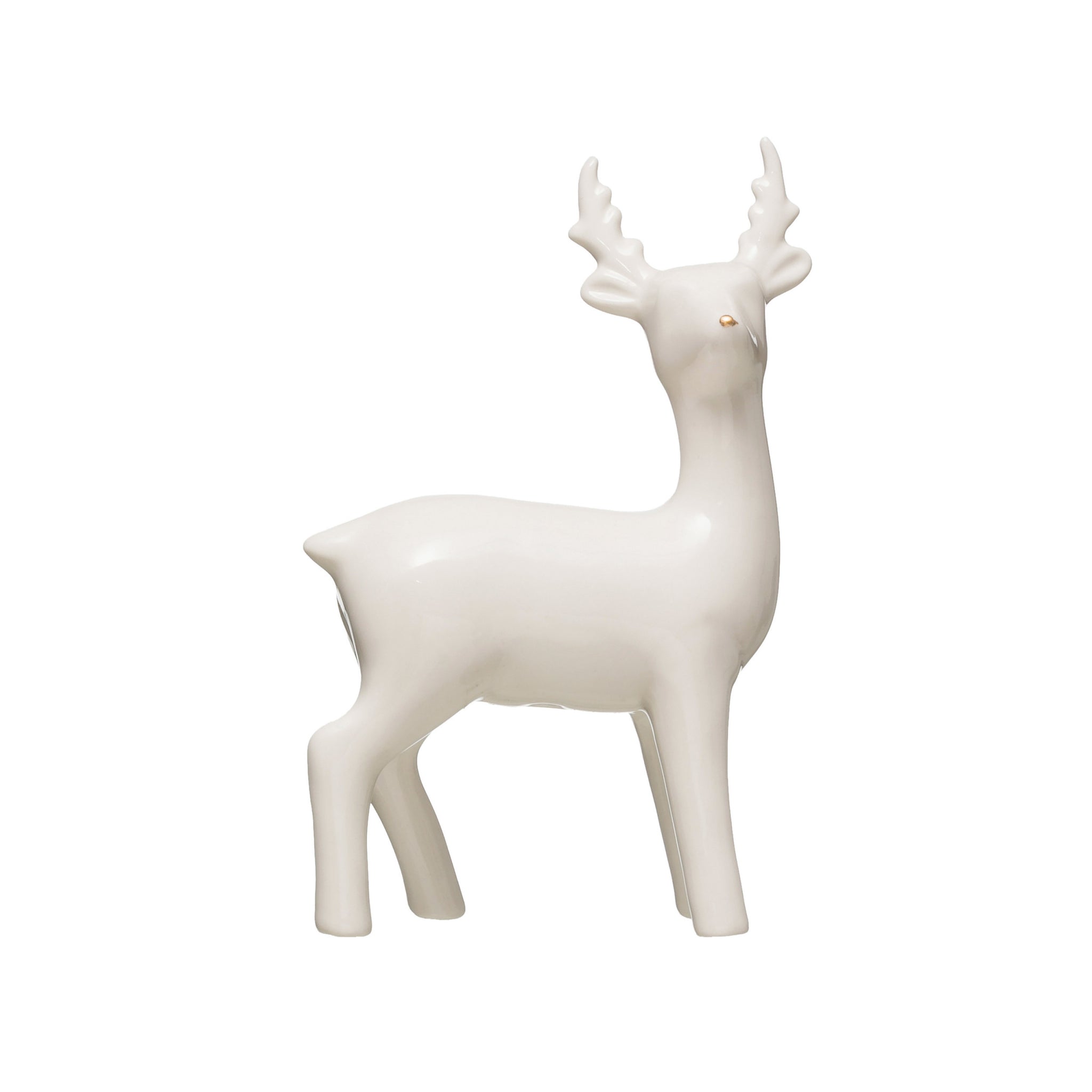 White ceramic reindeer with gold eloctroplated nose in a clean modern design. 6in.H