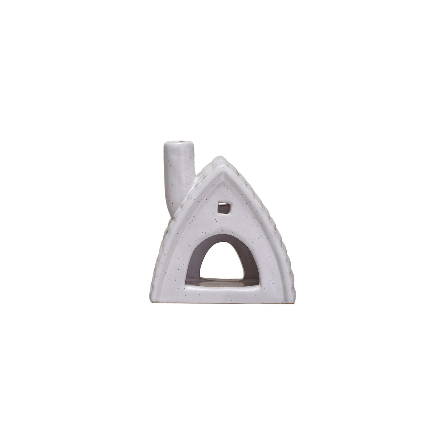 Cute Matte White Stoneware Woodland Cabin Shaped Tealight or Incense Holder, Cabin has an a 4.5in.W x 4.75in.Hched door and a small rectangular window near the peak of the arched roof and a round chimney. The matte glaze has fine brown speckles.
