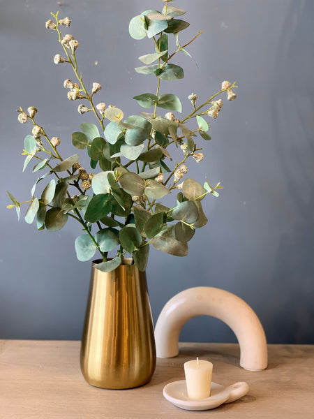 Green Eucalyptus Pod Stem, 35in.H  Shown in gold vase with powdery eucalyptus stems