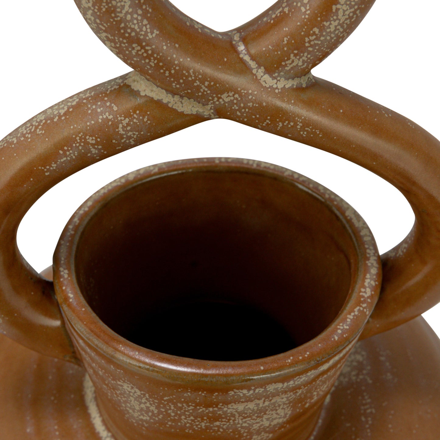 Twisted Handle Tan Stoneware Belly Vase, 8.5in.H