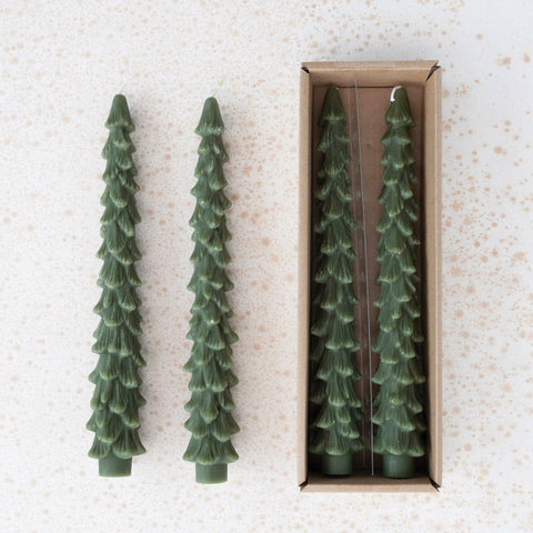 Christmas dark evergreen tree shaped taper candle set. 10 in.H