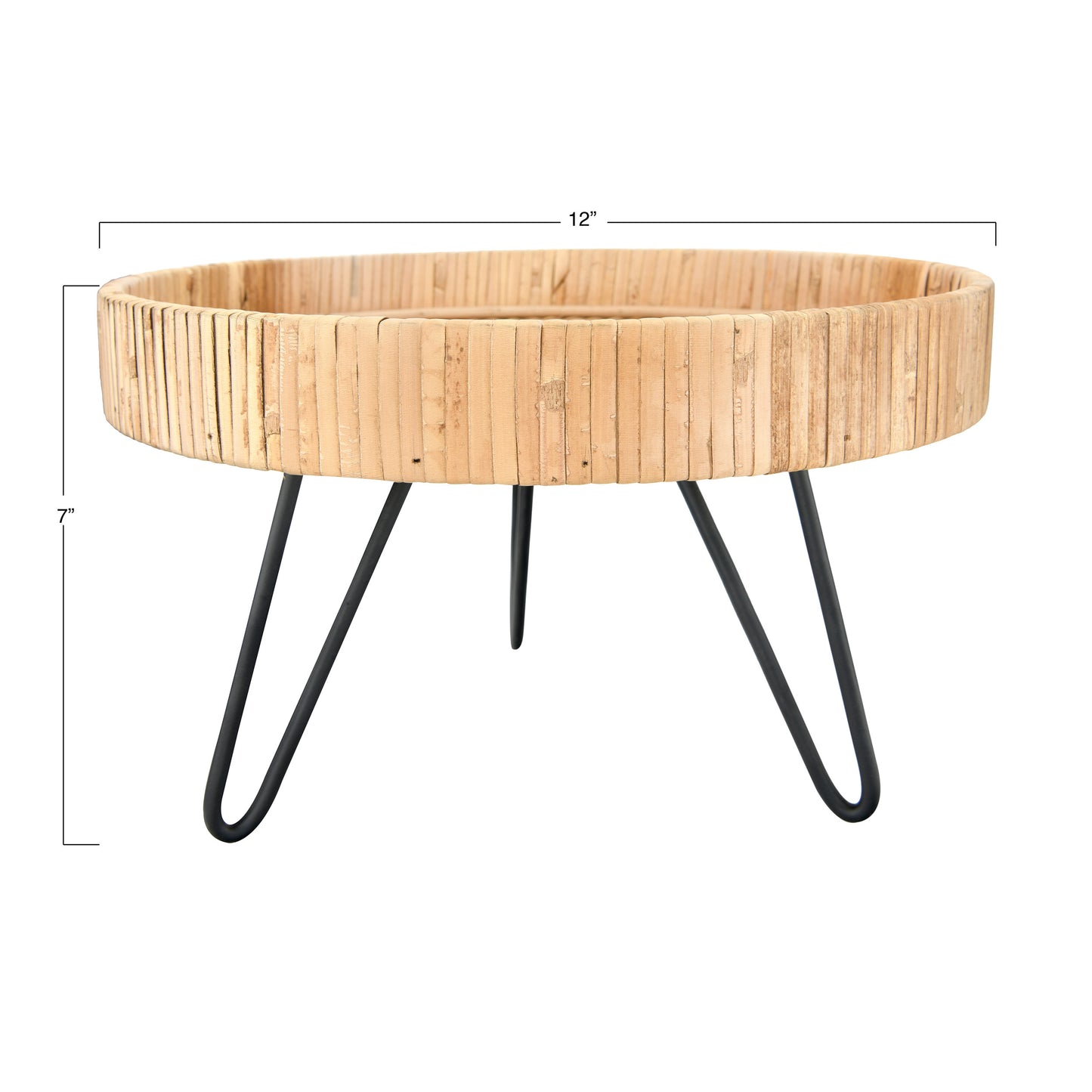 Large Rattan Pedestal Tray with Black Hairpin Legs, 11 3/4"W